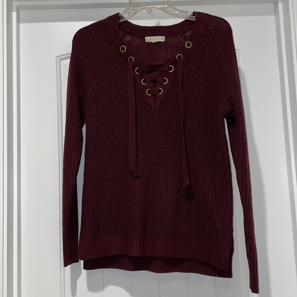 Burgundy lace up sweater